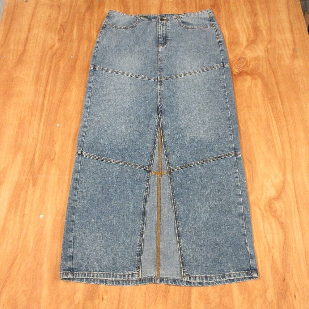 WILD FABLE Mid-Rise Chevron Denim Maxi Skirt Sz 10 Blue Jean Long Skirt Slit NEW